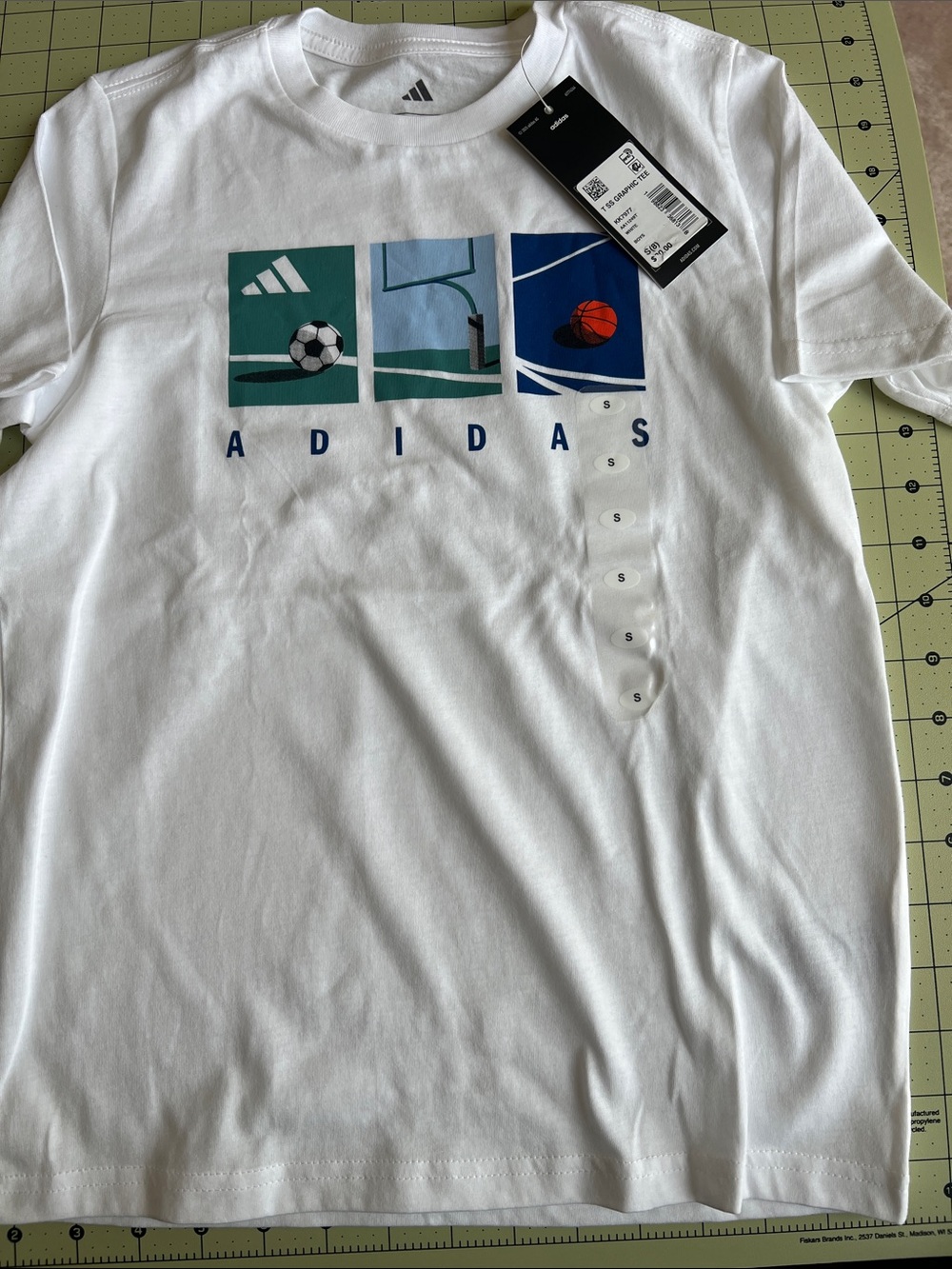 adidas White Tee with Blue & Teal Sports Panels